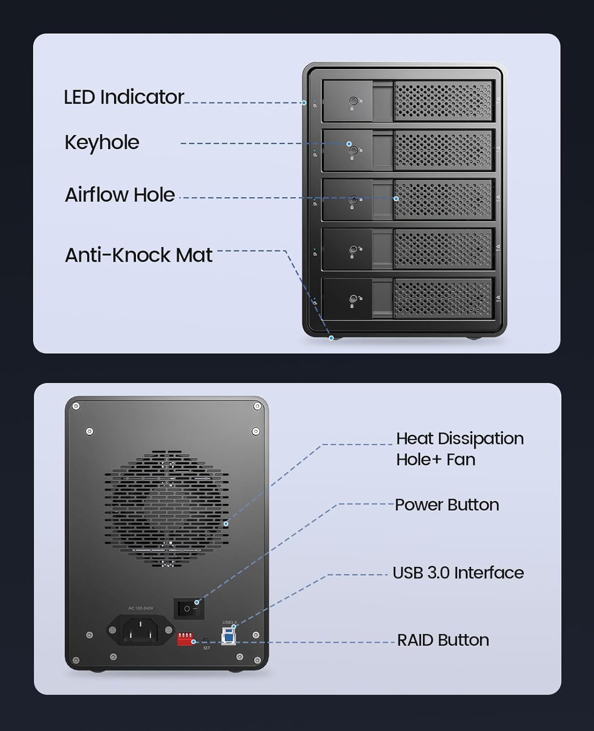 5 Bay Raid Hard Drive Enclosure Aluminum USB 3.0 to SATA Hard Drive Tray Less Docking Station Max up to 100TB Support RAID 0/1/3/5/10/JBOD Single Mode, Designed with Safety Lock-9558Ru3
