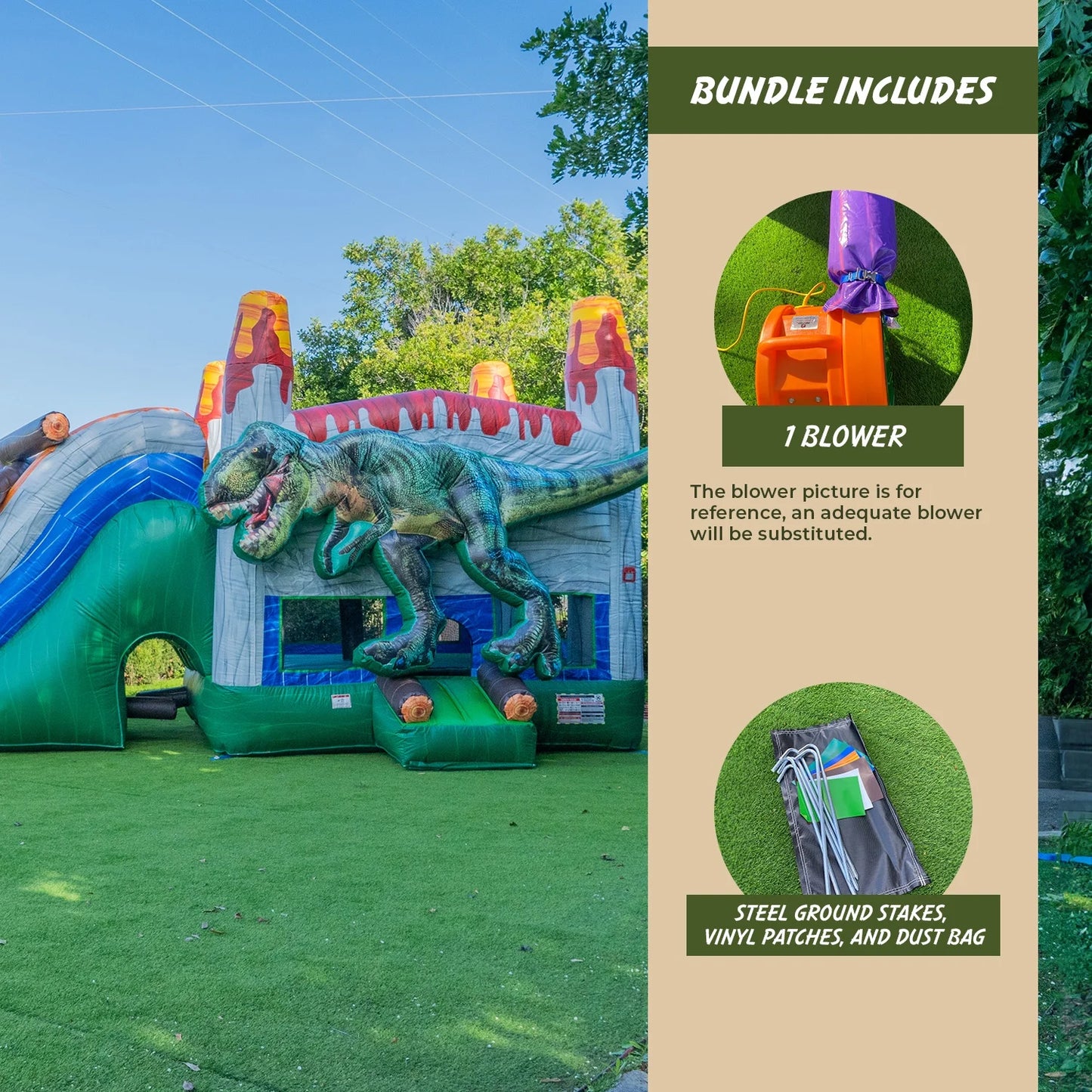 T-Rex Dinosaur Inflatable Water Slide Bounce House Combo with Splash Pool for Kids and Adults (With Air Blower), Commercial Grade