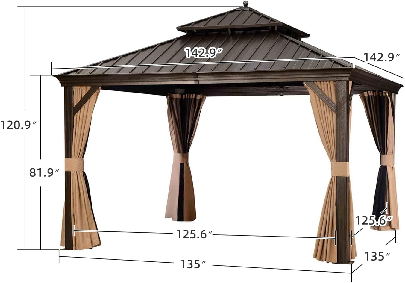 12' X 12' Outdoor Hardtop Gazebo Permanent outside Heavy Duty Sun Shade Deck Canopy for Patio All Weather Aluminum Metal Roof Backyard Pavilion with Netting and Curtains