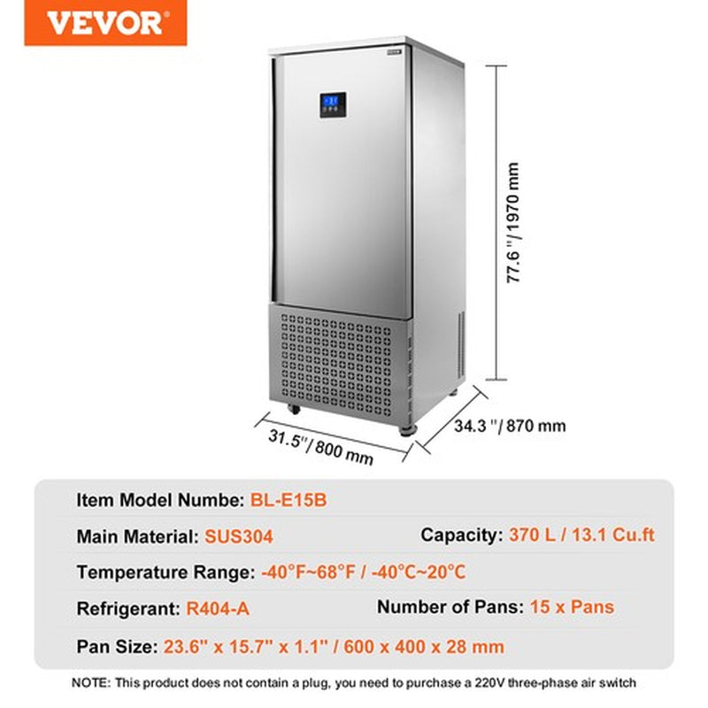 VEVOR 370L Commercial Blast Freezer 15 Trays Blast Chiller Chest Seafood Gelato
