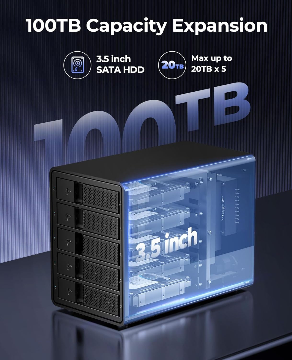 5 Bay Raid Hard Drive Enclosure Aluminum USB 3.0 to SATA Hard Drive Tray Less Docking Station Max up to 100TB Support RAID 0/1/3/5/10/JBOD Single Mode, Designed with Safety Lock-9558Ru3
