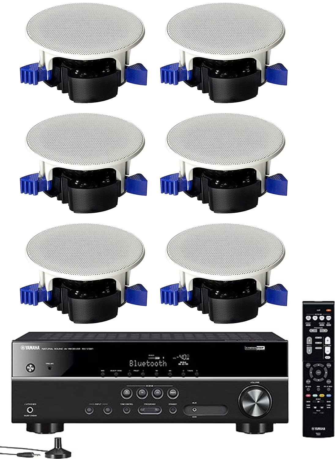 5.1-Channel Wireless Bluetooth 4K A/V Home Theater Receiver + Easy-To-Install Natural Sound Moisture Resistant 6.5" High Performance In-Ceiling Speakers (Set of 6)