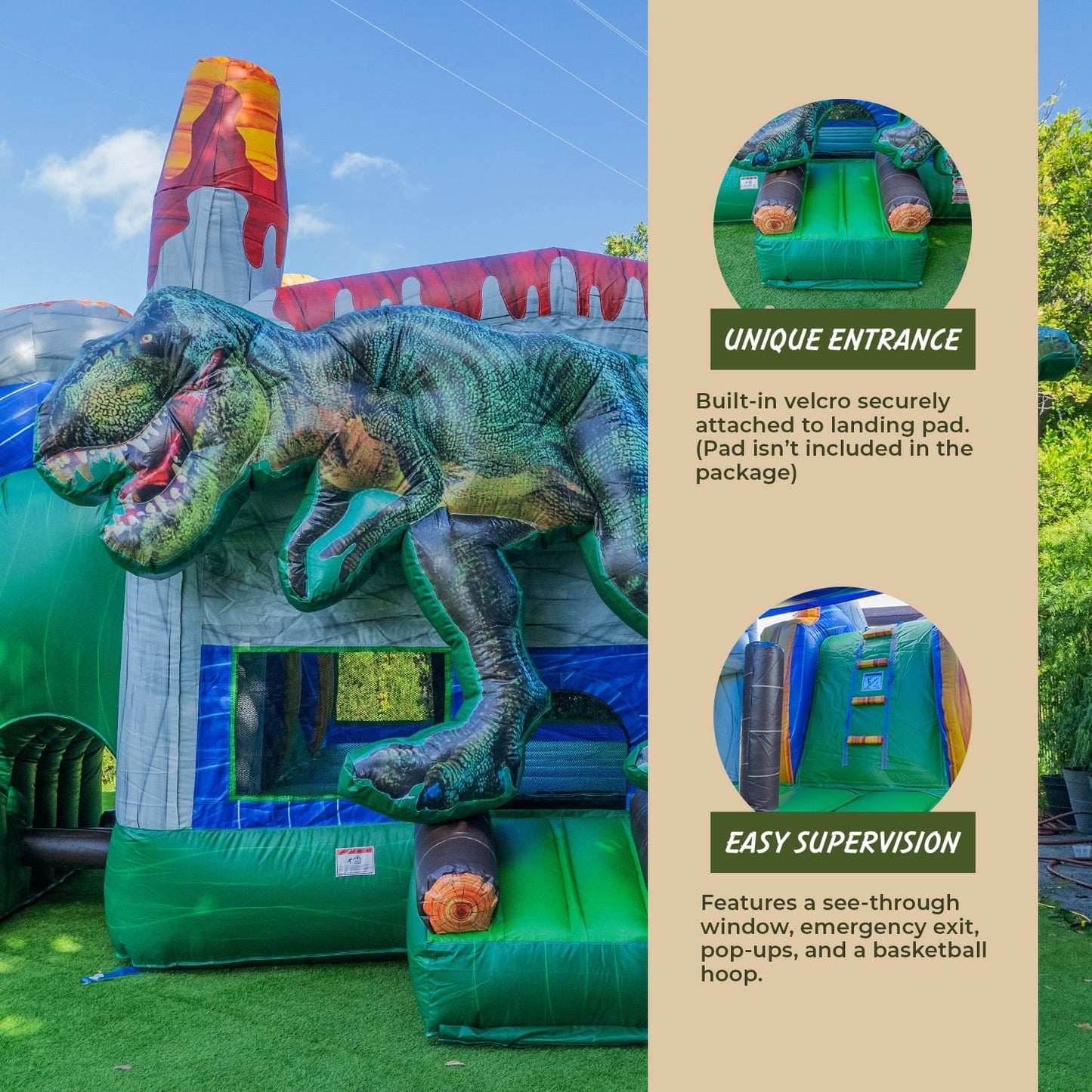 T-Rex Dinosaur Inflatable Water Slide Bounce House Combo with Splash Pool for Kids and Adults (With Air Blower), Commercial Grade