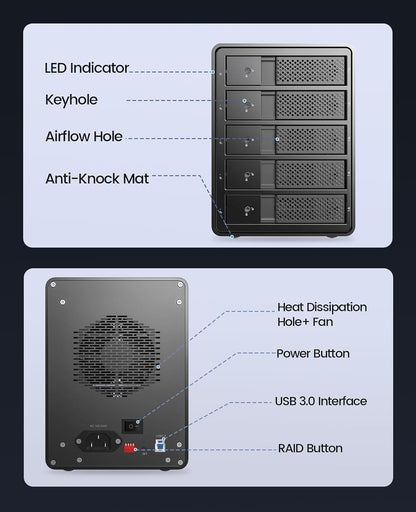 5 Bay Raid Hard Drive Enclosure Aluminum USB 3.0 to SATA Hard Drive Tray Less Docking Station Max up to 100TB Support RAID 0/1/3/5/10/JBOD Single Mode, Designed with Safety Lock-9558Ru3