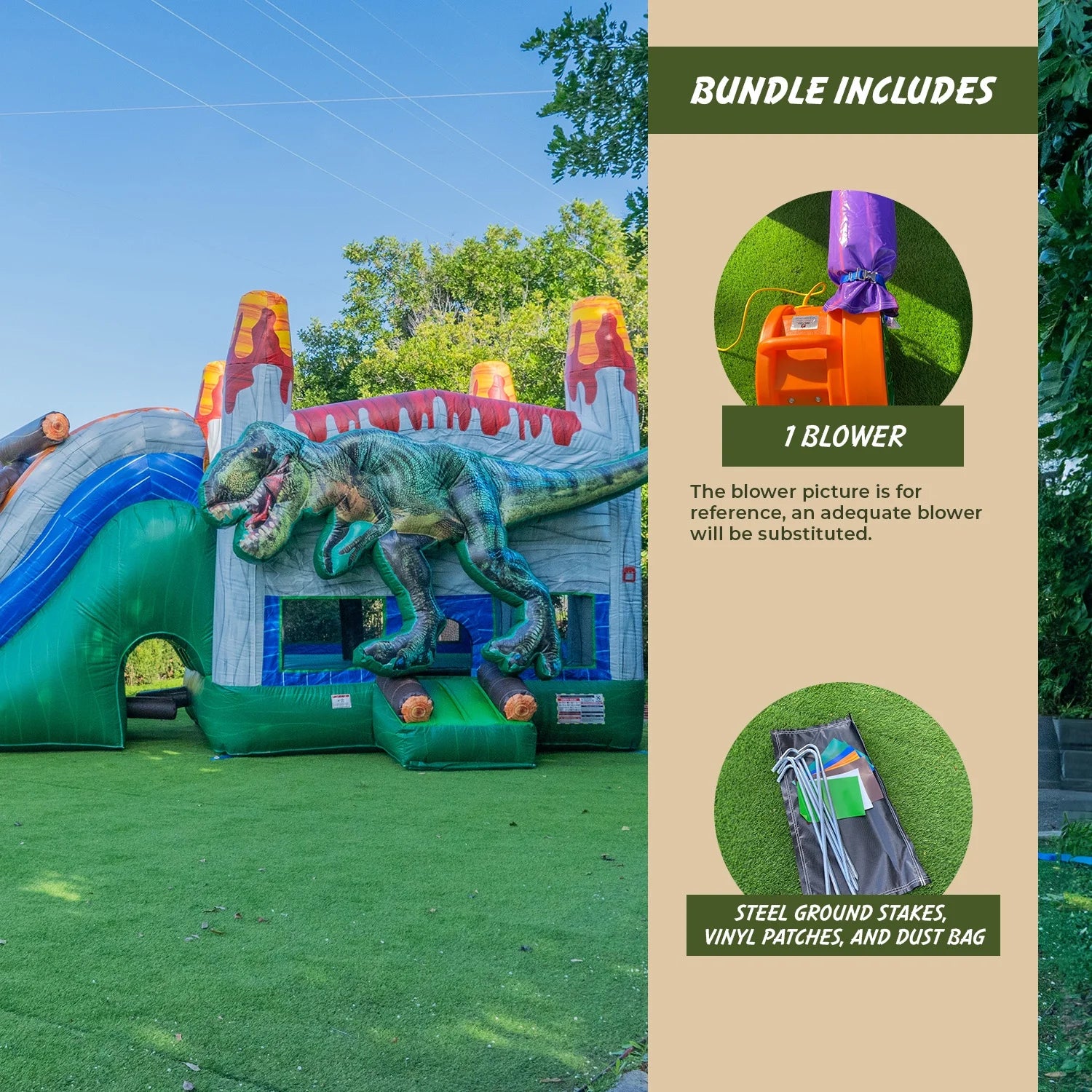 T-Rex Dinosaur Inflatable Water Slide Bounce House Combo with Splash Pool for Kids and Adults (With Air Blower), Commercial Grade