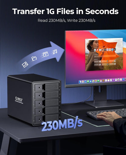 5 Bay Raid Hard Drive Enclosure Aluminum USB 3.0 to SATA Hard Drive Tray Less Docking Station Max up to 100TB Support RAID 0/1/3/5/10/JBOD Single Mode, Designed with Safety Lock-9558Ru3