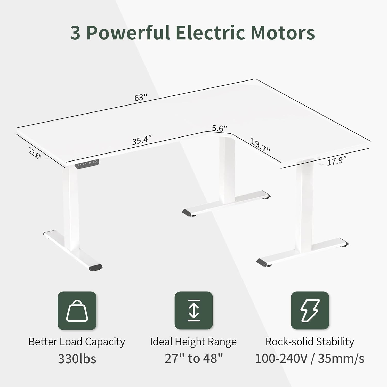 Triple Motor L-Shaped Electric Standing Desk, 63 Inches Height Adjustable Stand up Corner Desk, Sit Stand Workstation with Splice Board, White Frame/White Top